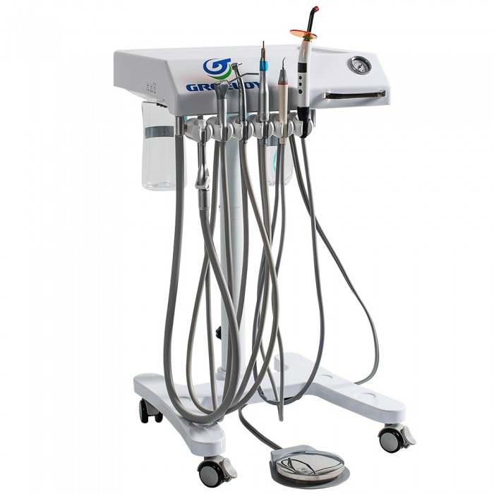 GREELOY®GU-P302 Mobile Dental Delivery System Cart Unit + Curing Light + Scaler Handpiece + Fiber Optic