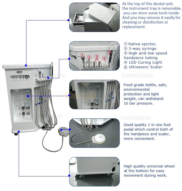 Greeloy&reg;GU-P212 Mobile Dental Delivery Cart Unit with Curing Light & Scaler Handpiece
