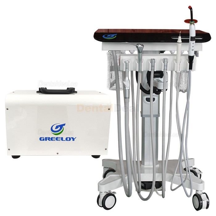 Greeloy GU-P302S Mobile Dental Cart Treatment Unit+ Curing Light + Scaler Handpiece+ Air Compressor