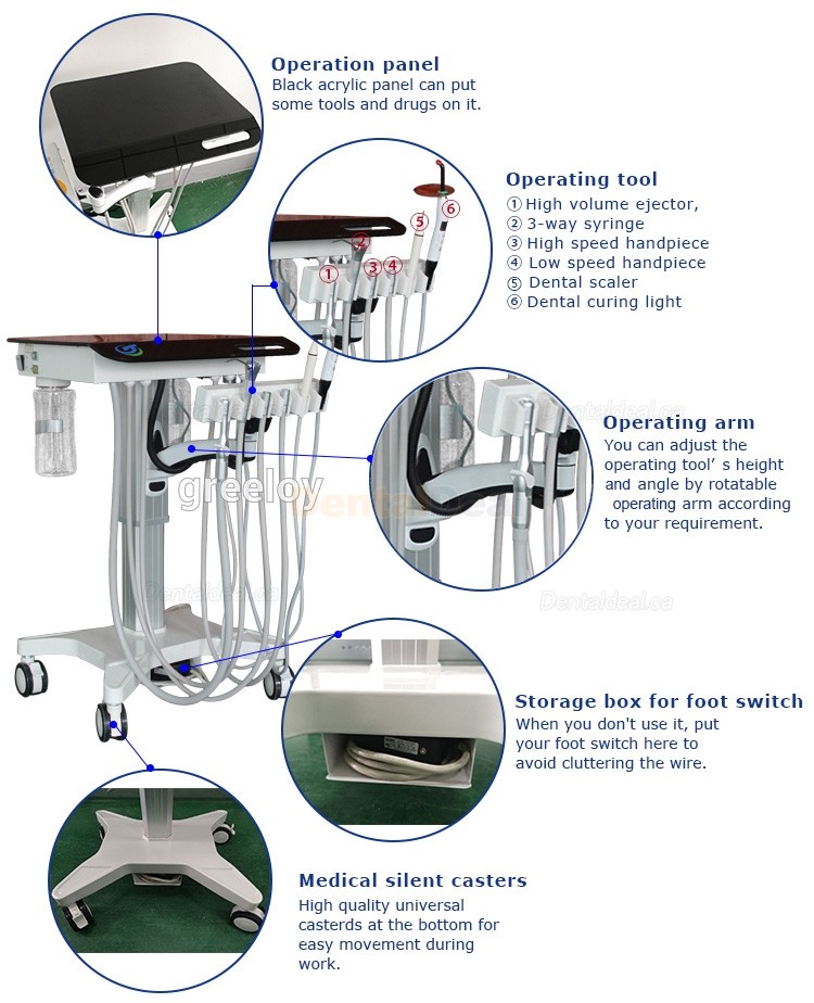 Greeloy GU-P302S Mobile Dental Cart Treatment Unit+ Curing Light + Scaler Handpiece+ Air Compressor
