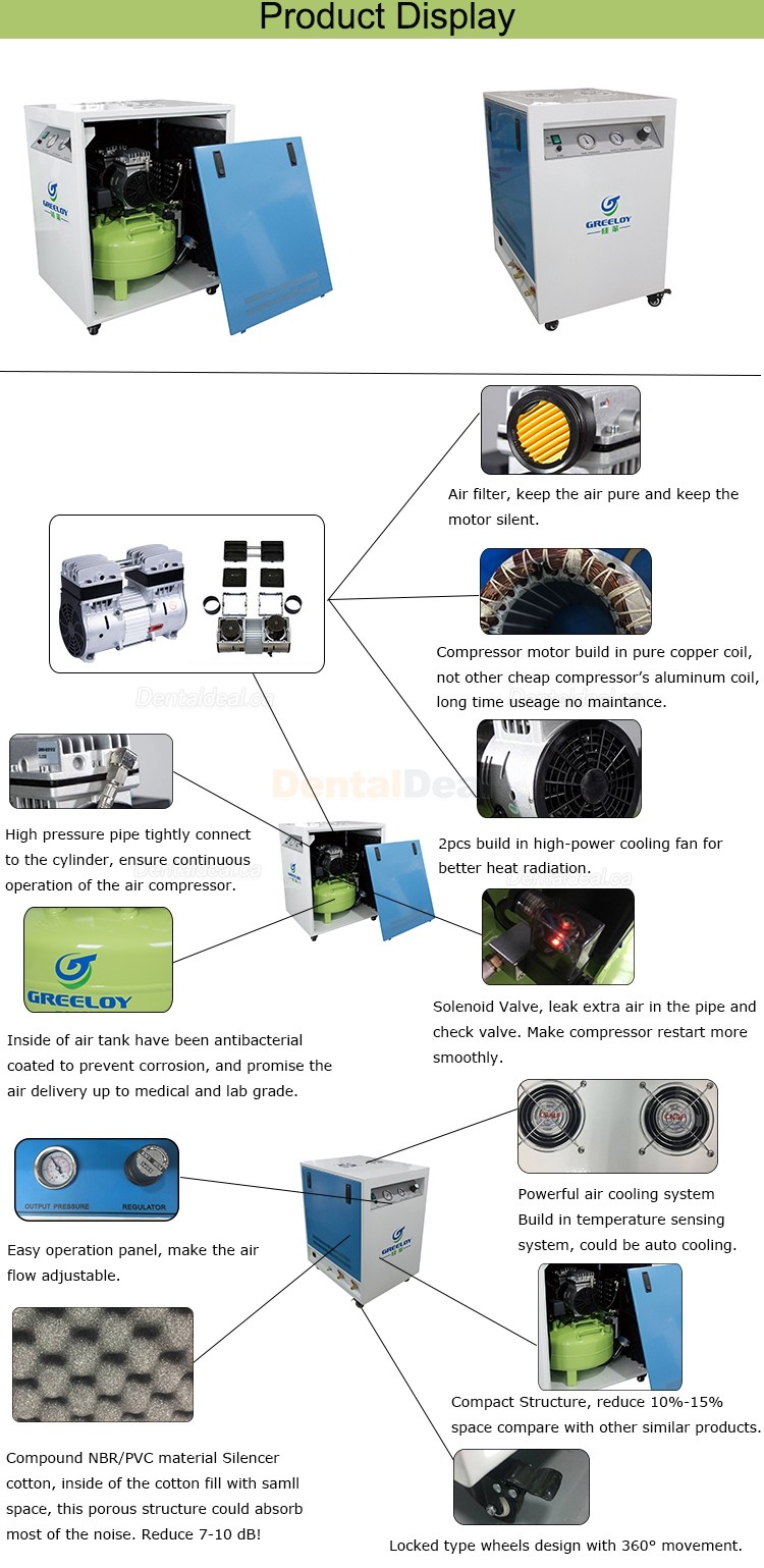 Greeloy&reg; GA-61XY 600W Oil Free Air Compressor with Dryer and Silent Cabinet