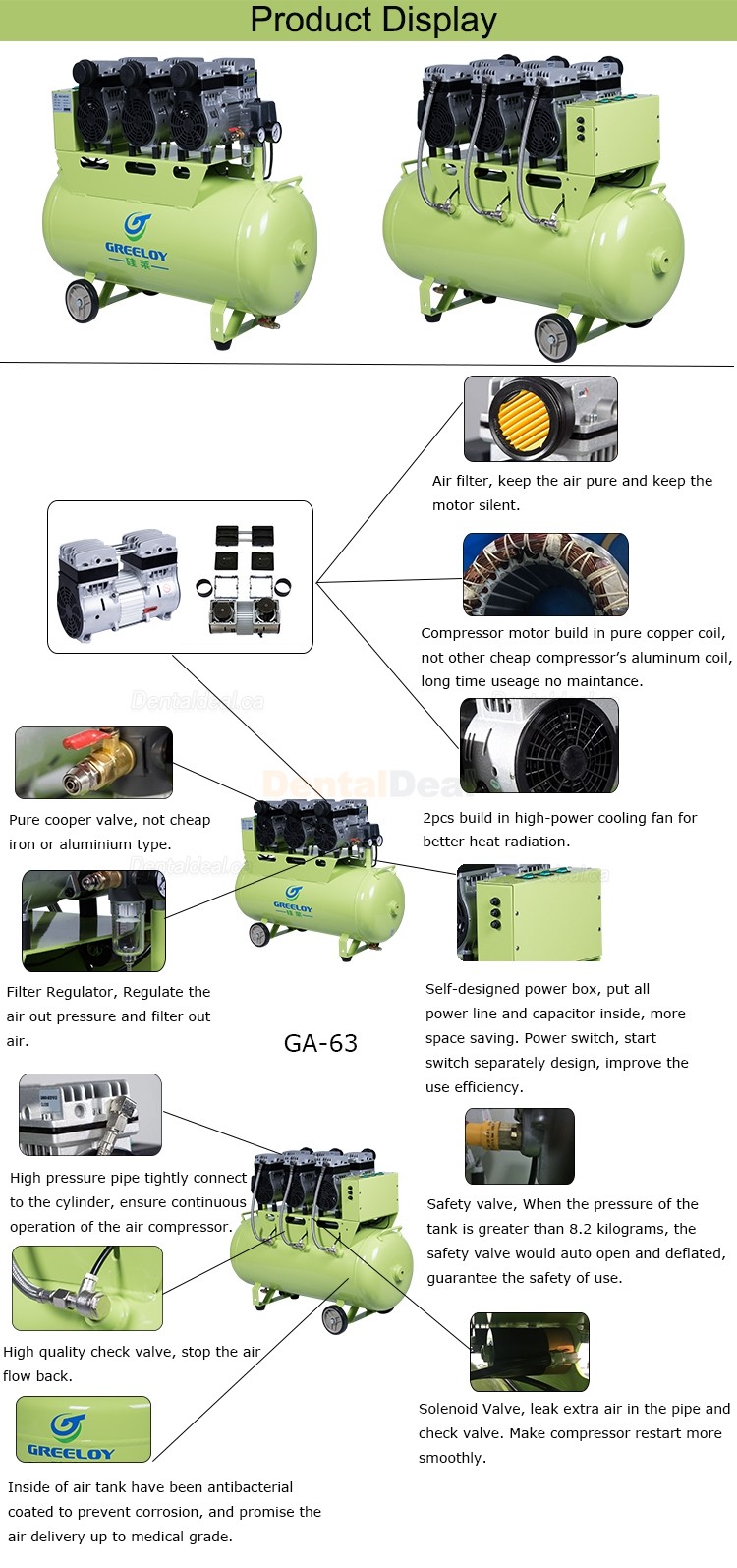 Greeloy GA-63XY 1800W/2.5HP 90L Silent Dental Air Compressor with Dryer and Silent Cabinet