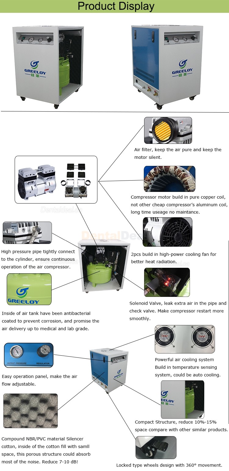 Greeloy&reg; GA-81XY 800W/1HP Silent Dental Oilless Air Compressor with Dryer and Silent Cabinet